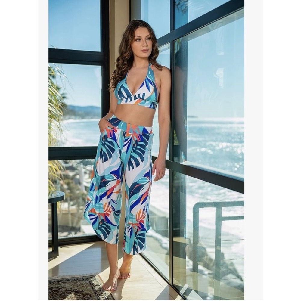 La Blanca Women's Standard Palazzo Pant Swimsuit Cover Up Color Ice Blue Palms L